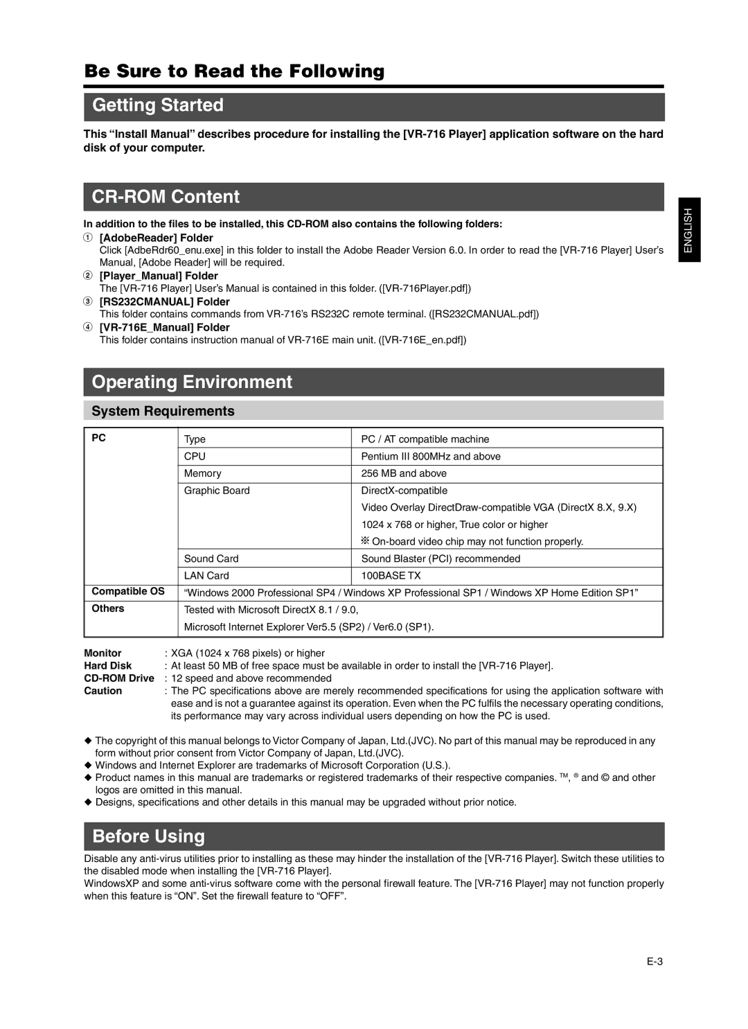 JVC VR-716 install manual Getting Started, CR-ROM Content, Operating Environment, Before Using, System Requirements 