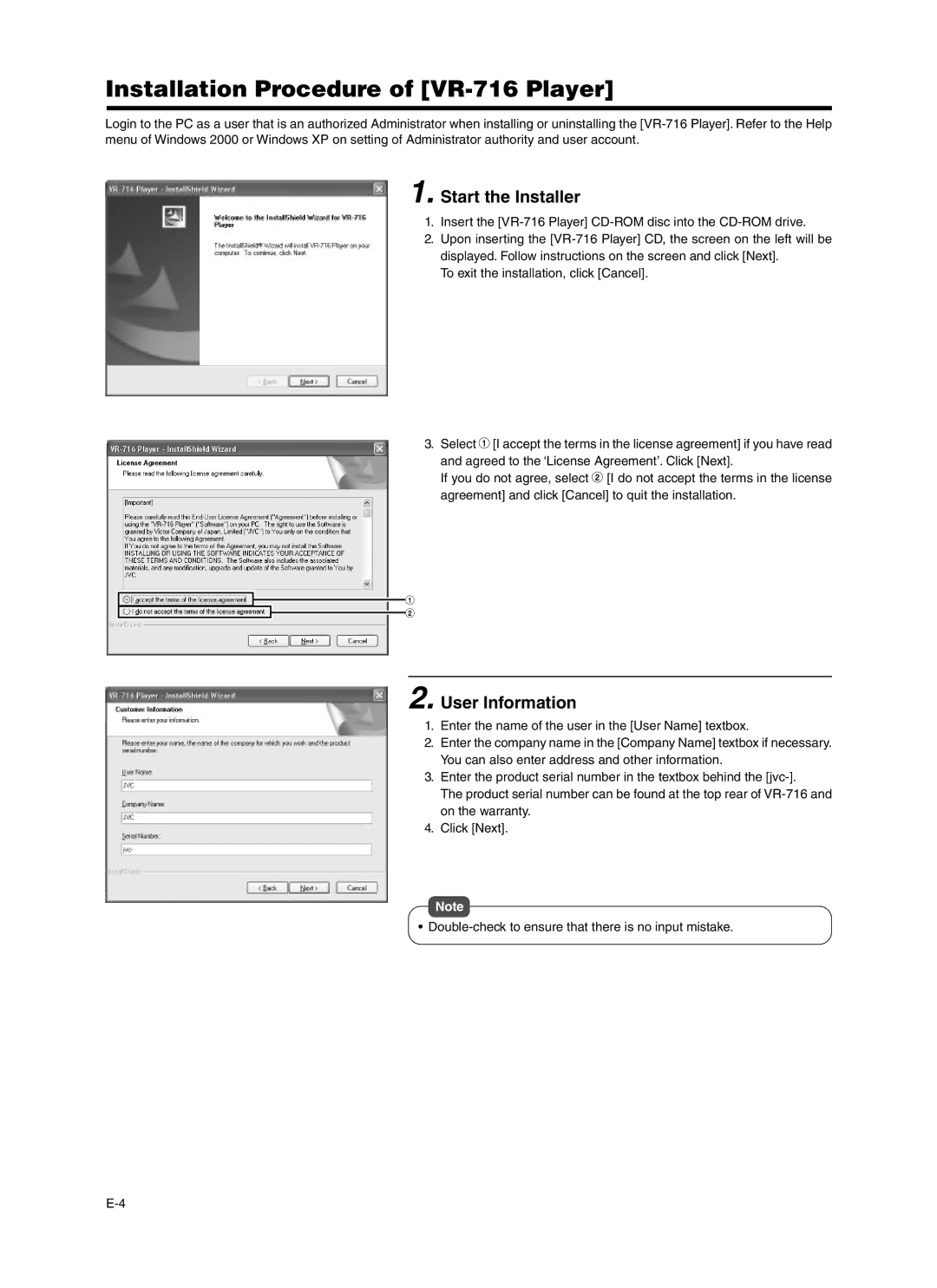 JVC install manual Installation Procedure of VR-716 Player, Start the Installer, User Information 