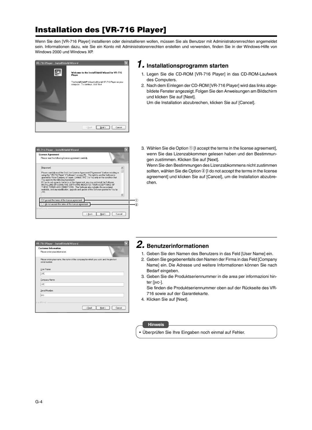 JVC install manual Installation des VR-716 Player, Installationsprogramm starten, Benutzerinformationen 