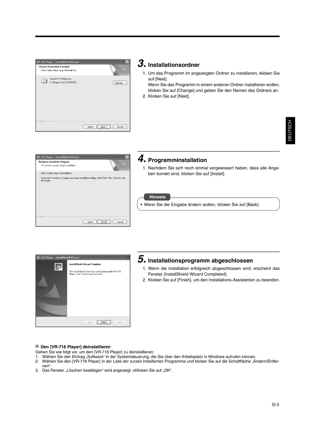 JVC VR-716 install manual Installationsordner, Programminstallation, Installationsprogramm abgeschlossen 