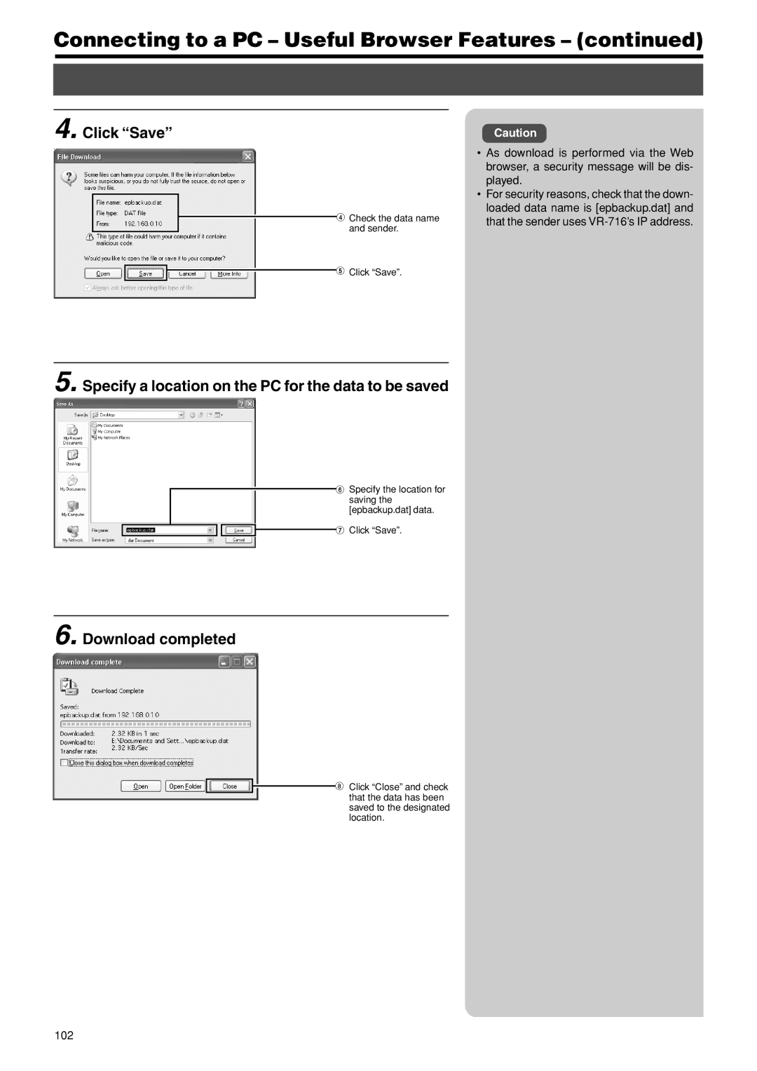 JVC VR-716E instruction manual Click Save, Specify a location on the PC for the data to be saved, Download completed, 102 