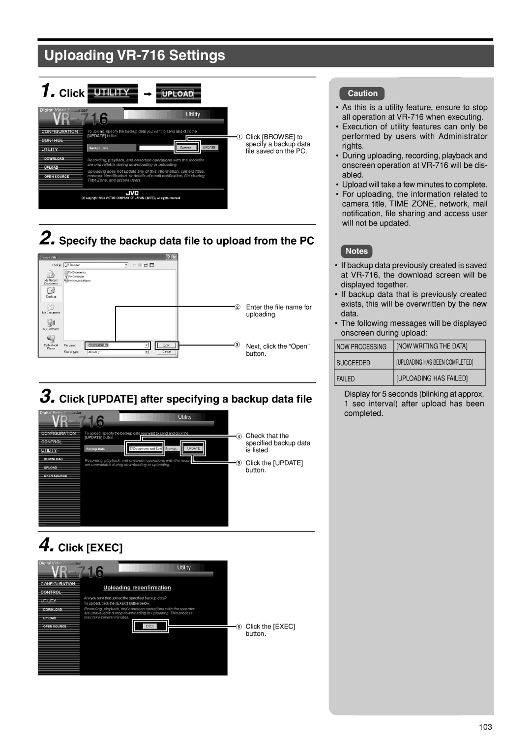 JVC VR-716E instruction manual Uploading VR-716 Settings, Specify the backup data file to upload from the PC, Click Exec 