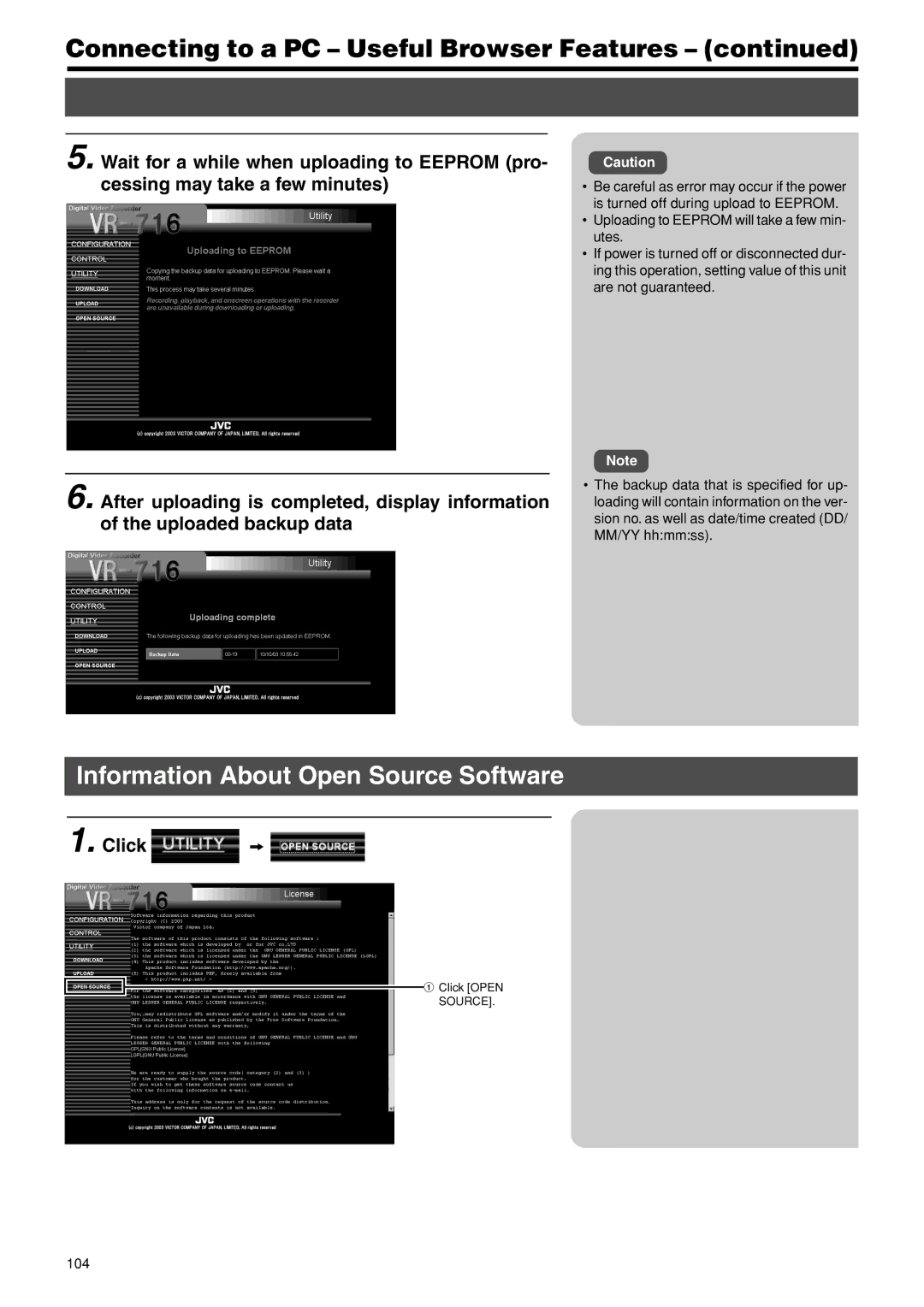 JVC VR-716E instruction manual Information About Open Source Software, 104, Click Open 