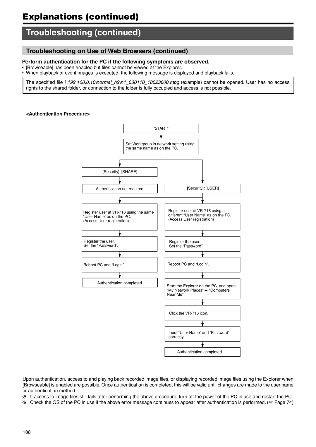 JVC VR-716E instruction manual Troubleshooting on Use of Web Browsers, Authentication Procedure, 108 