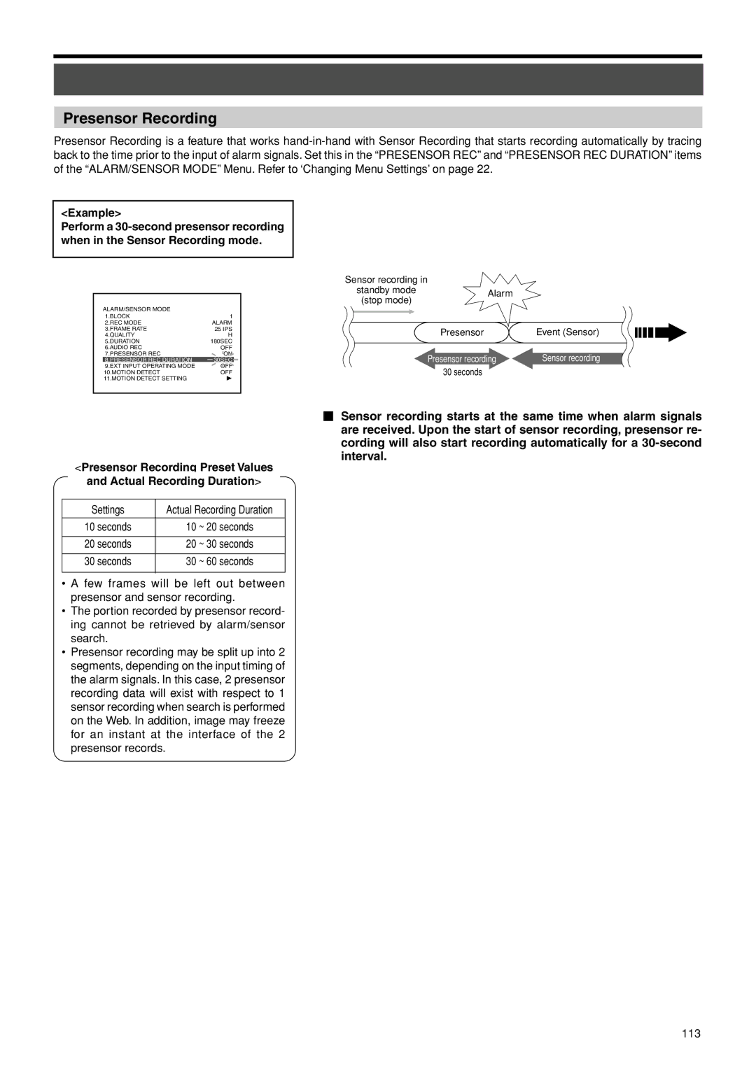 JVC VR-716E instruction manual Presensor Recording Preset Values Actual Recording Duration, Settings, 113 