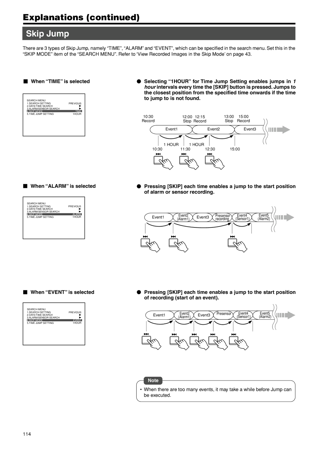 JVC VR-716E instruction manual Skip Jump,  When Time is selected,  When Alarm is selected, Alarm or sensor recording 