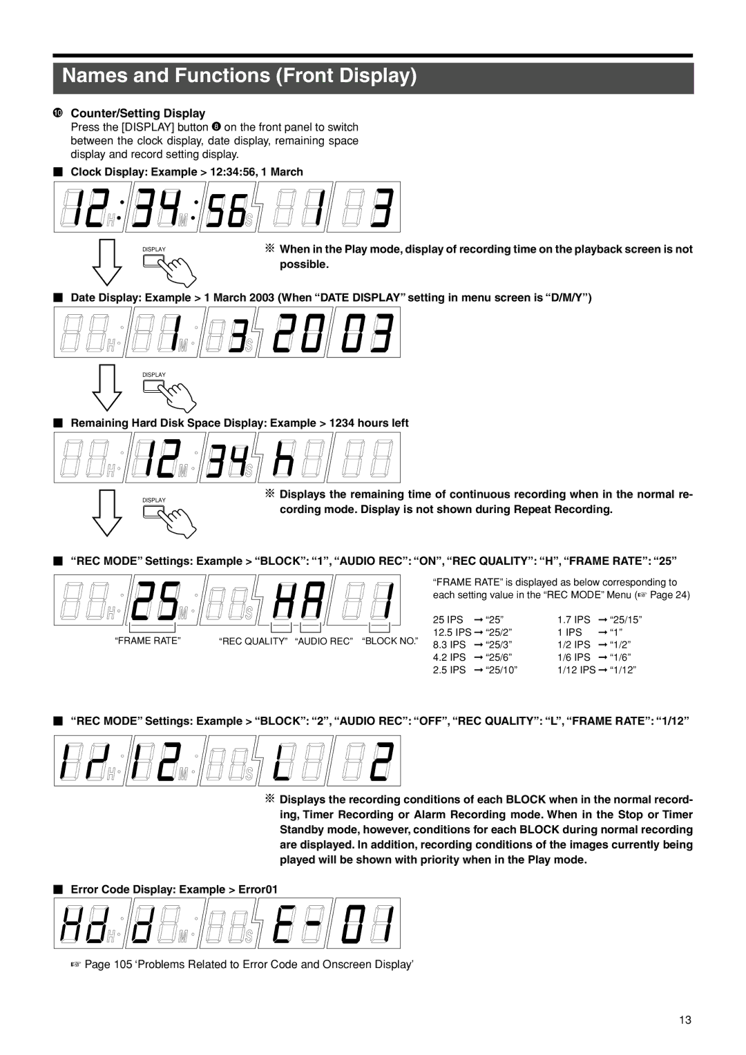 JVC VR-716E instruction manual Counter/Setting Display, Clock Display Example 123456, 1 March, Ips 