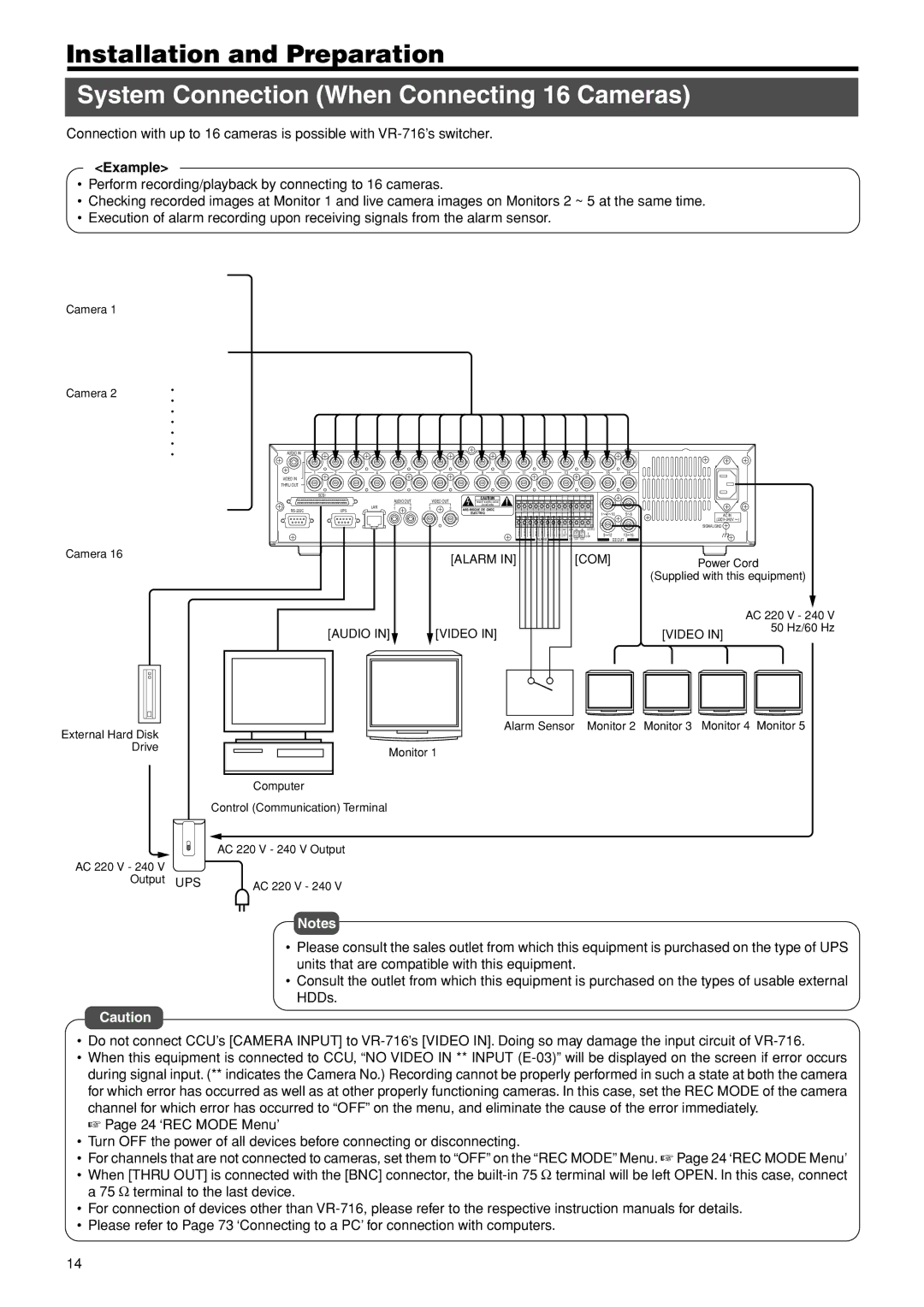 JVC VR-716E instruction manual System Connection When Connecting 16 Cameras, Example, Alarm COM, Audio Video 