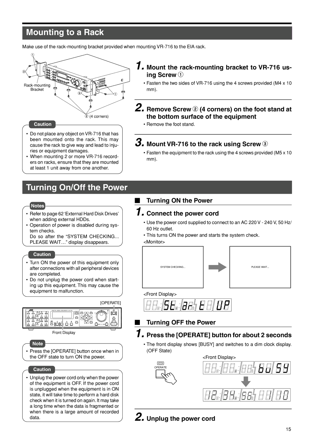 JVC VR-716E instruction manual Mounting to a Rack, Turning On/Off the Power 