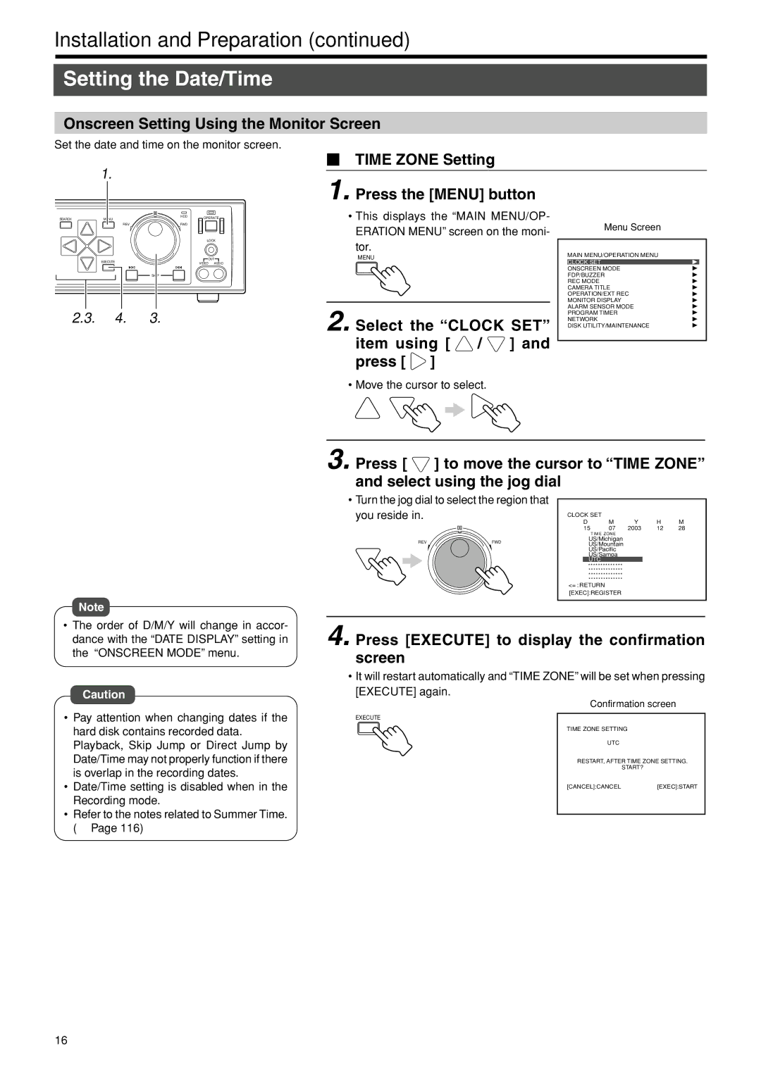 JVC VR-716E Setting the Date/Time, Onscreen Setting Using the Monitor Screen, Time Zone Setting Press the Menu button 