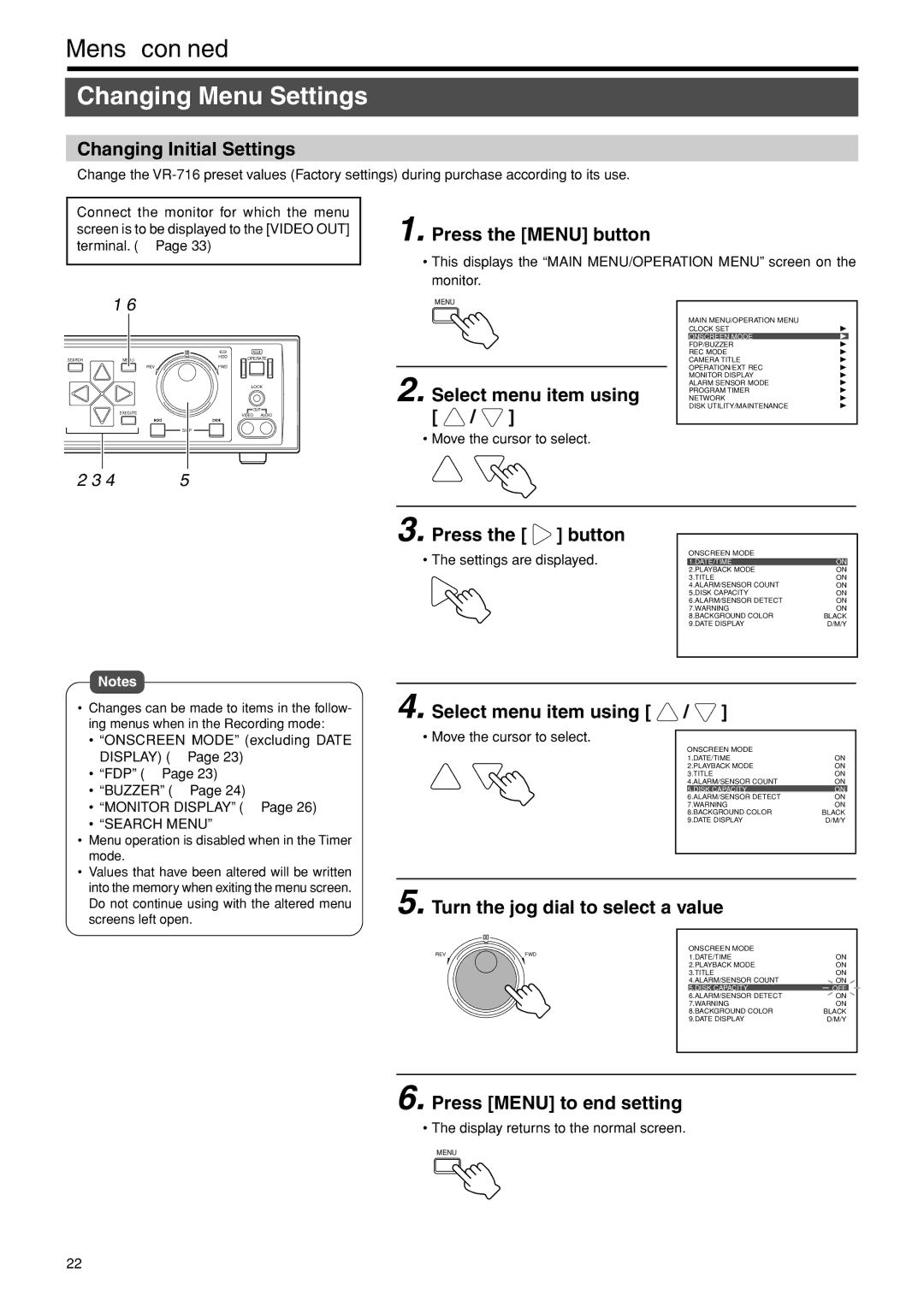 JVC VR-716E Changing Menu Settings, Changing Initial Settings, Select menu item using, Turn the jog dial to select a value 