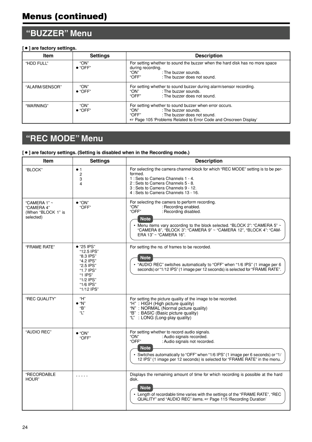 JVC VR-716E instruction manual Buzzer Menu, REC Mode Menu 