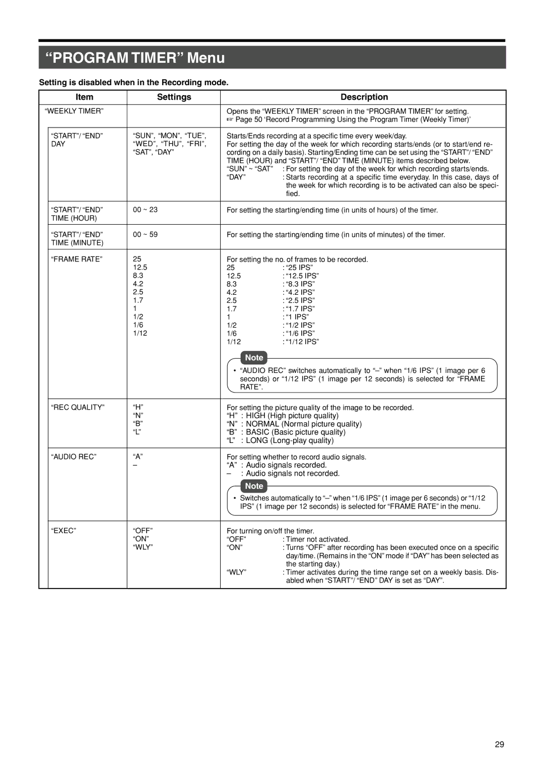 JVC VR-716E instruction manual Program Timer Menu, Setting is disabled when in the Recording mode 