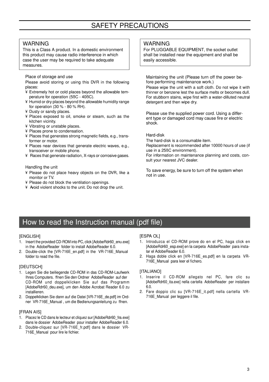 JVC VR-716E instruction manual Place of storage and use, Handling the unit 