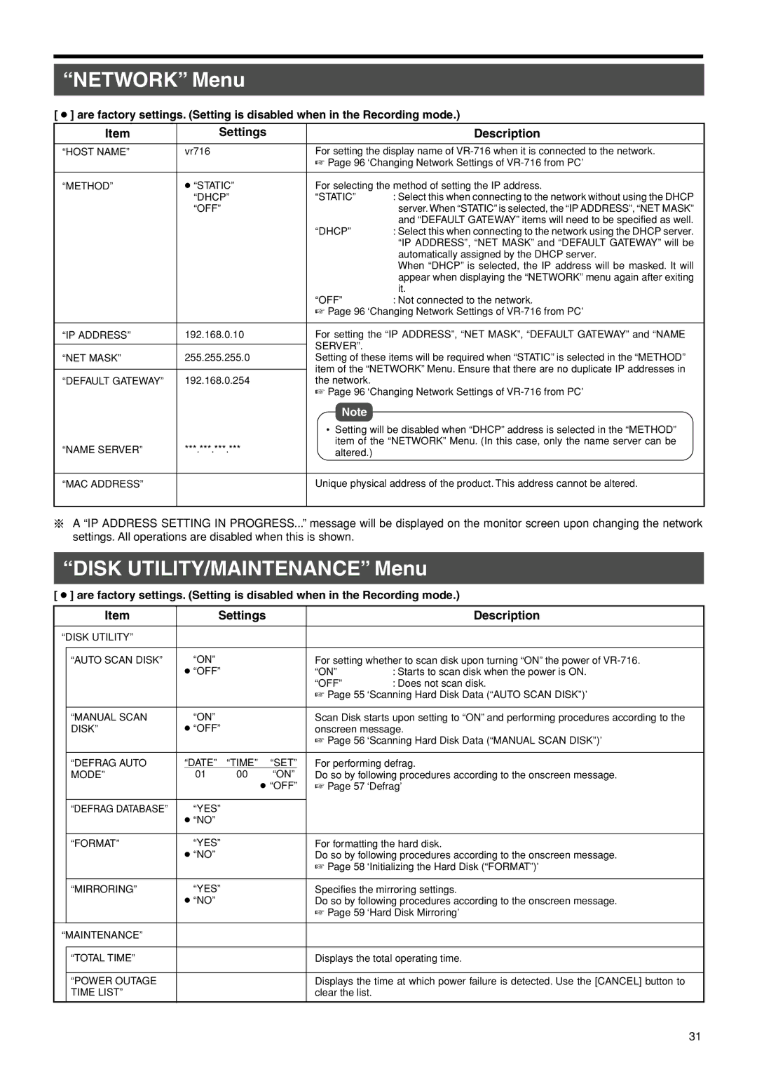 JVC VR-716E instruction manual Network Menu, Disk UTILITY/MAINTENANCE Menu 