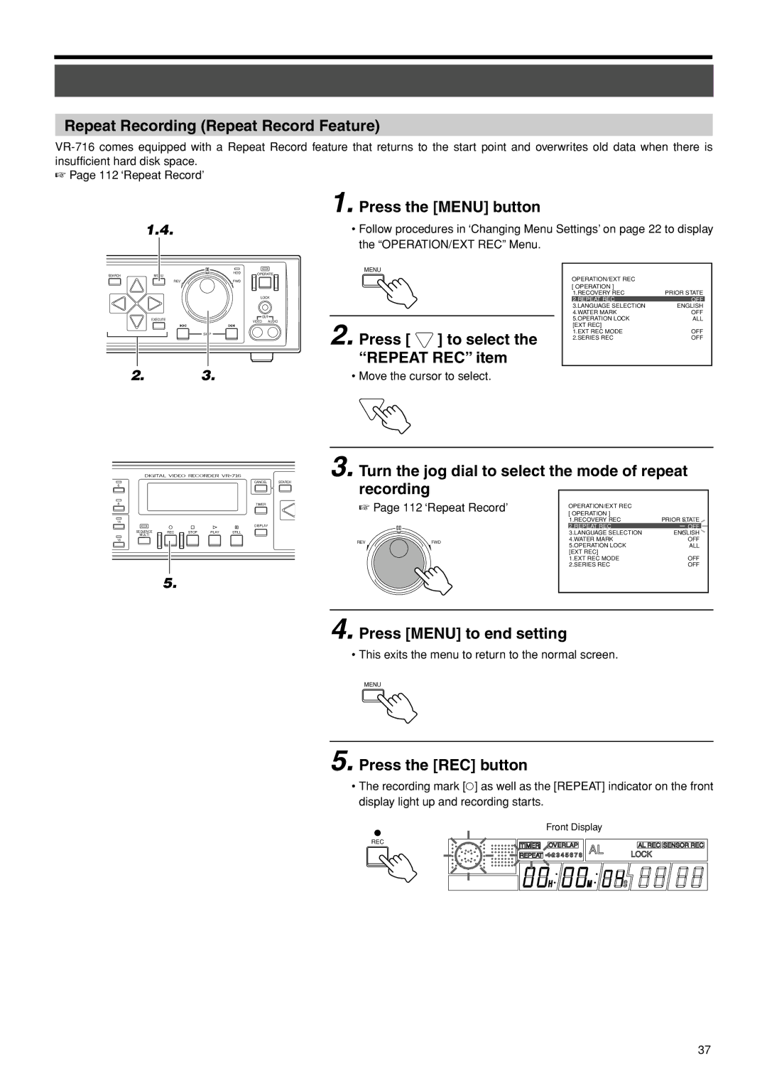 JVC VR-716E instruction manual Repeat Recording Repeat Record Feature, Press to select Repeat REC item, Repeat REC OFF 