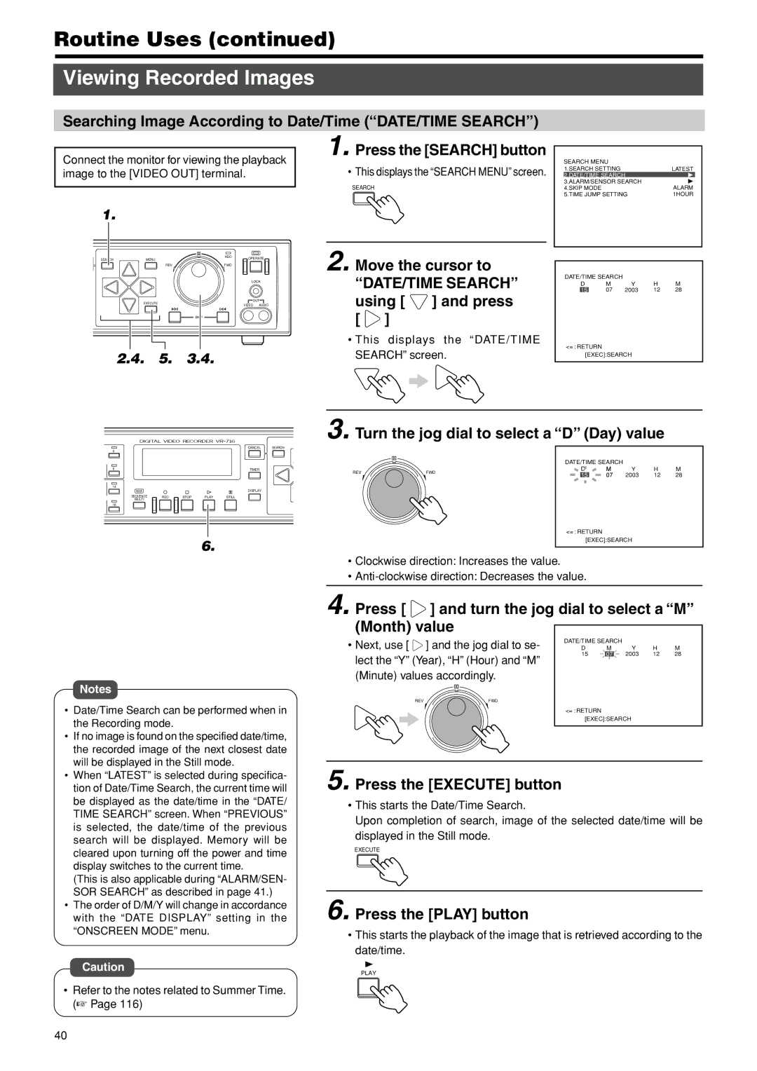 JVC VR-716E Searching Image According to Date/Time DATE/TIME Search, Move the cursor to DATE/TIME Search using and press 