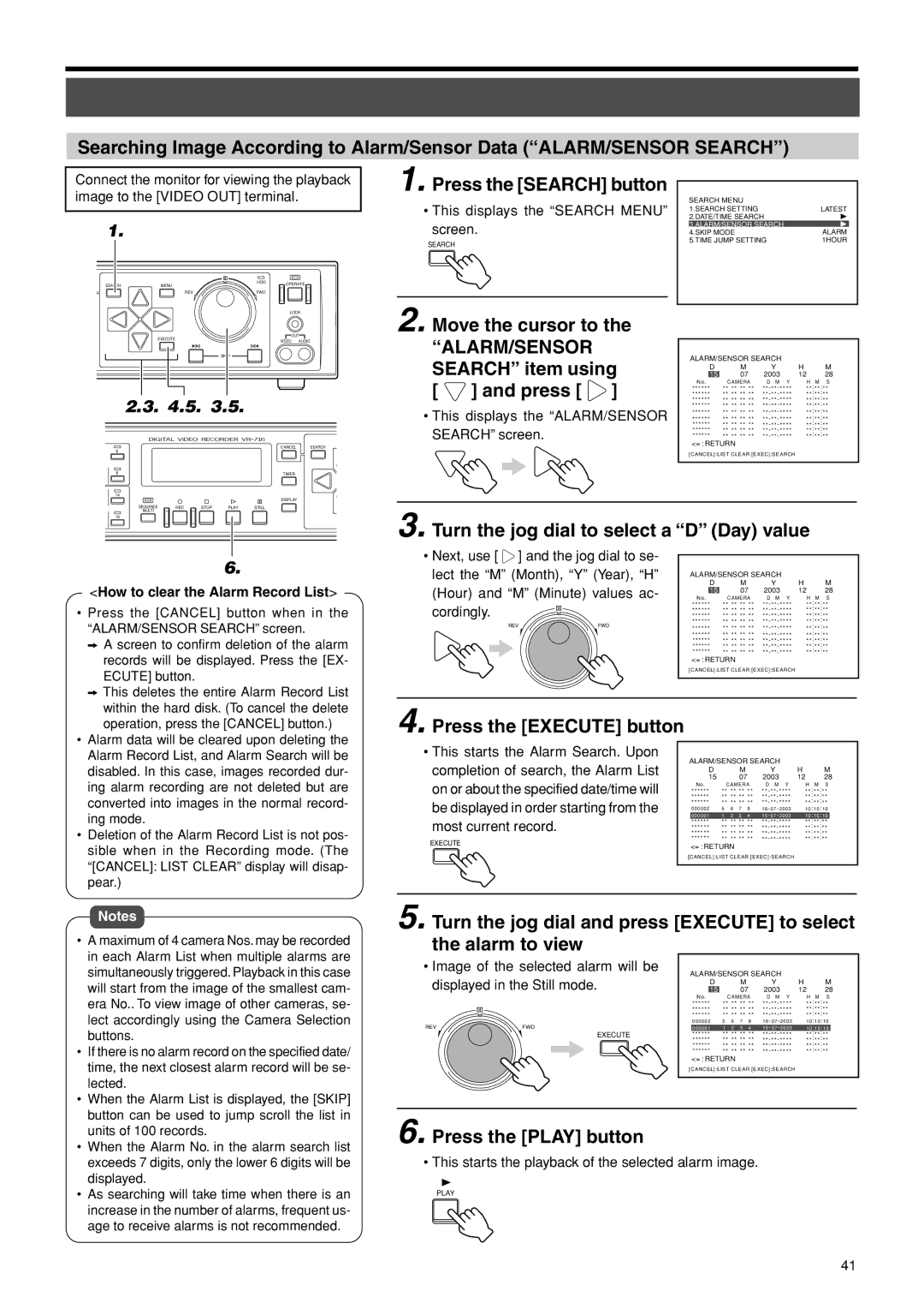 JVC VR-716E Move the cursor to ALARM/SENSOR Search item using and press, How to clear the Alarm Record List 