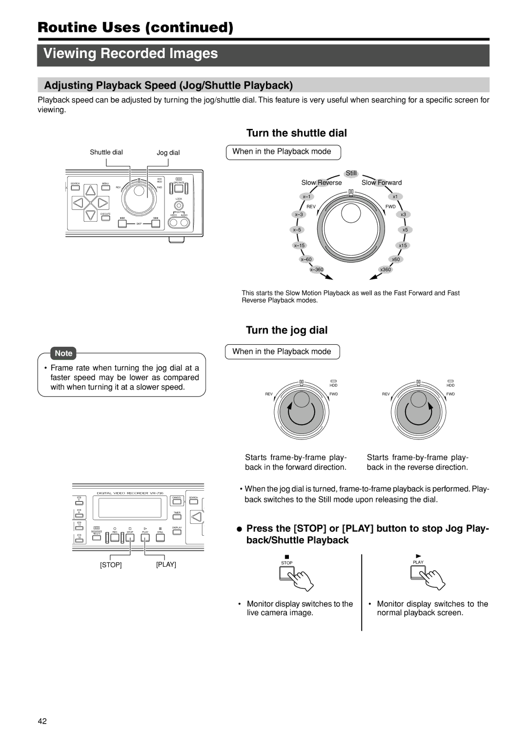 JVC VR-716E instruction manual Adjusting Playback Speed Jog/Shuttle Playback,  Turn the shuttle dial,  Turn the jog dial 