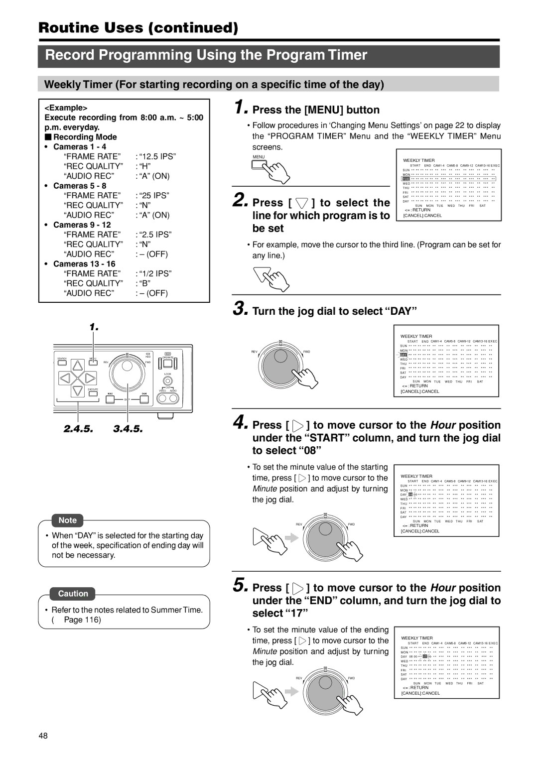 JVC VR-716E instruction manual Turn the jog dial to select DAY, Screens, To set the minute value of the ending Time, press 