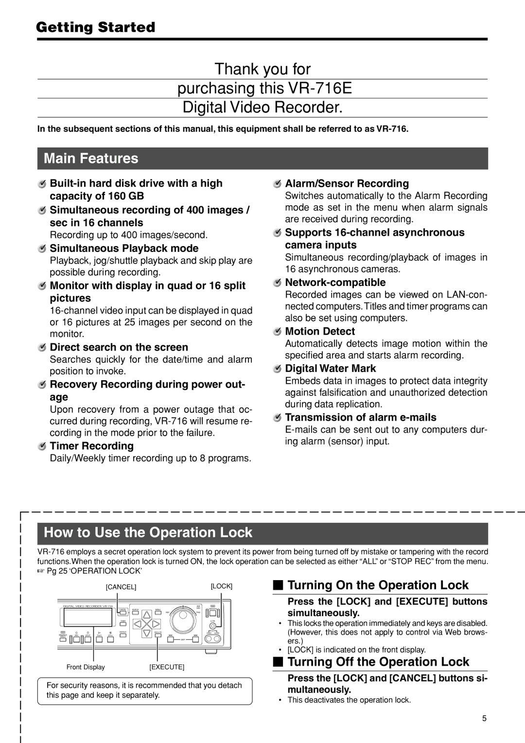 JVC VR-716E instruction manual Main Features, How to Use the Operation Lock 