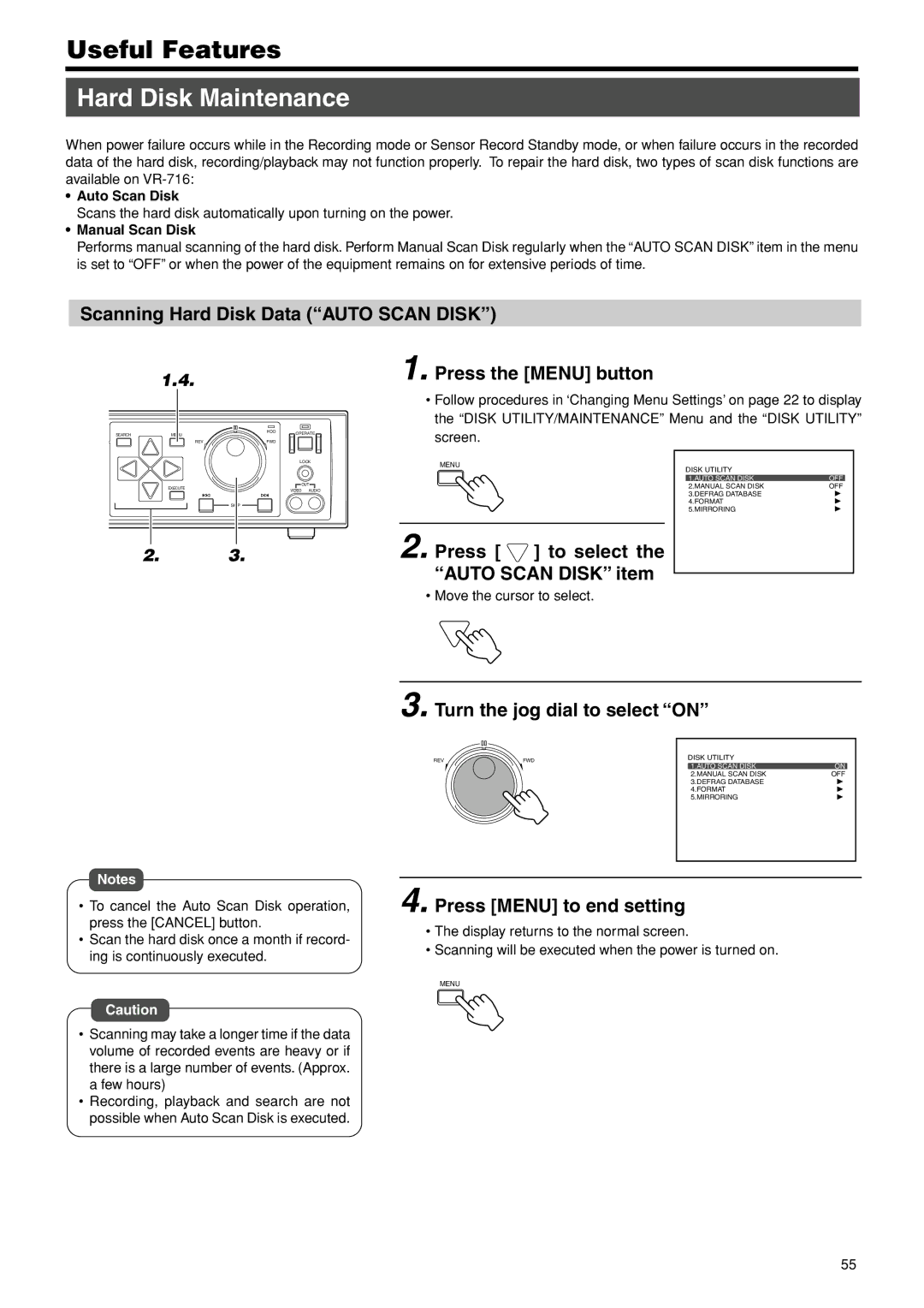 JVC VR-716E Hard Disk Maintenance, Scanning Hard Disk Data Auto Scan Disk, Press to select the Auto Scan Disk item 