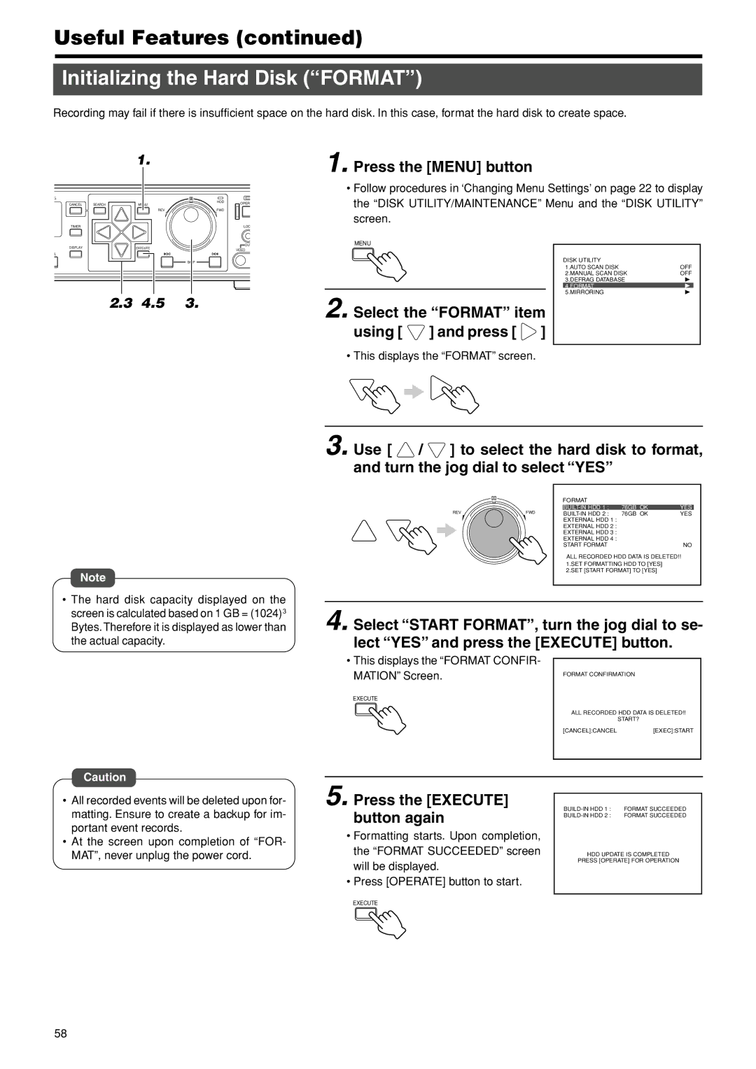 JVC VR-716E instruction manual Initializing the Hard Disk Format, Select the Format item Using Press 