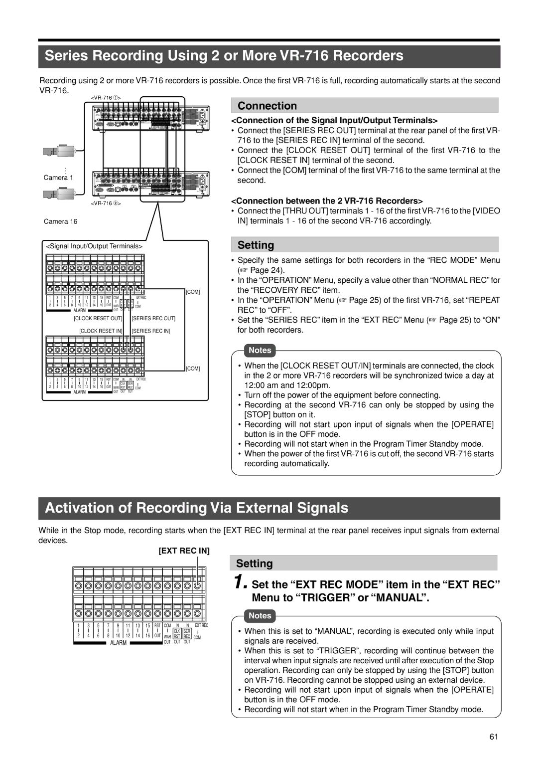 JVC VR-716E Series Recording Using 2 or More VR-716 Recorders, Activation of Recording Via External Signals, Connection 