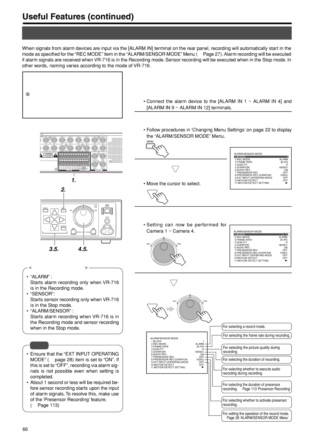 JVC VR-716E instruction manual Activation of Recording Via External Alarm/Sensor Signals, Press to select the Block item 