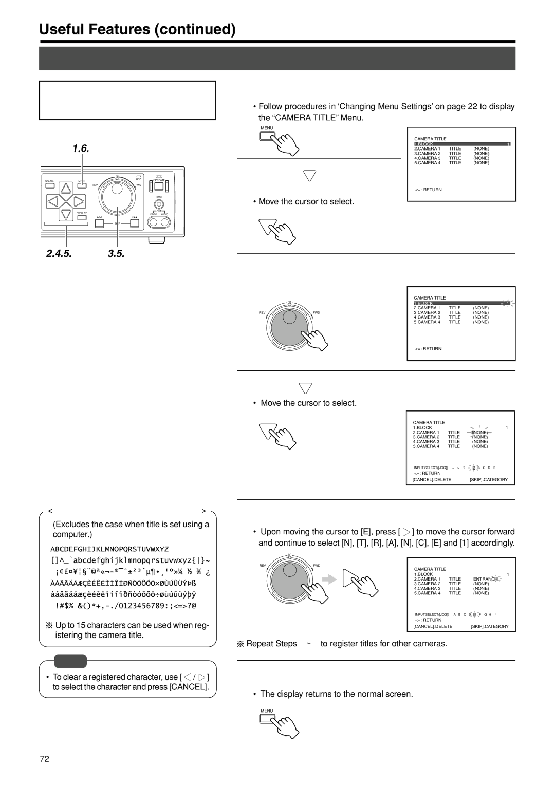 JVC VR-716E instruction manual Setting a Title for Each Camera Channel Screen, Turn the jog dial to set Block to 