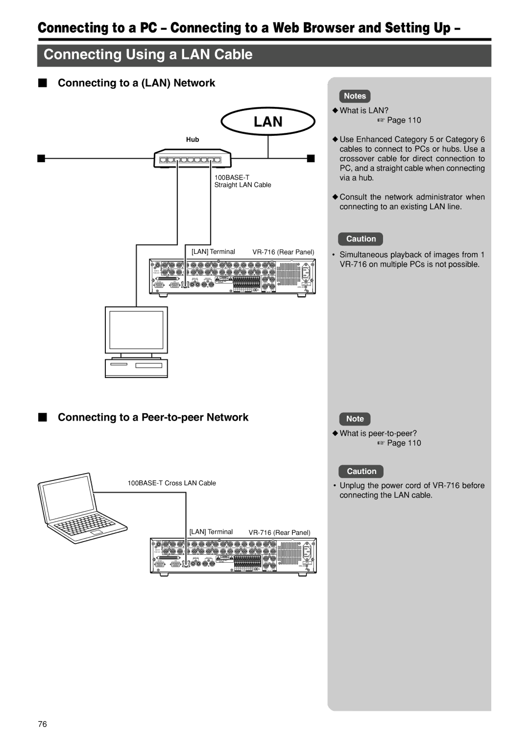 JVC VR-716E Connecting Using a LAN Cable, Connecting to a LAN Network, Connecting to a Peer-to-peer Network 