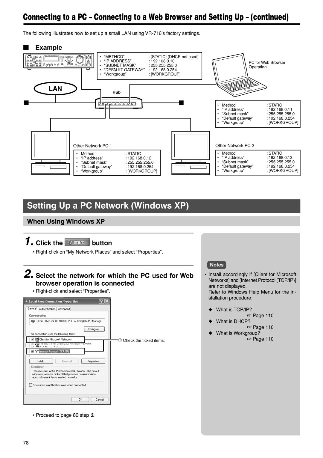 JVC VR-716E instruction manual Setting Up a PC Network Windows XP, Example, When Using Windows XP Click the button 