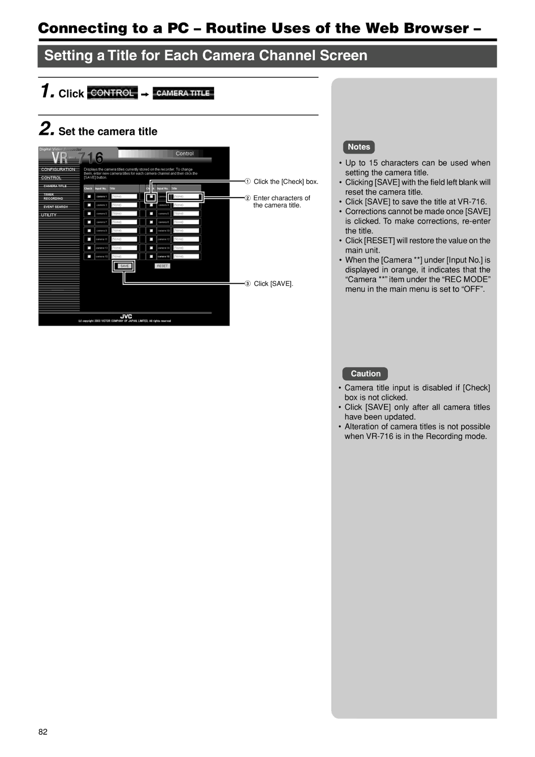 JVC VR-716E instruction manual Click z Set the camera title, Click the Check box Enter characters, Click Save 