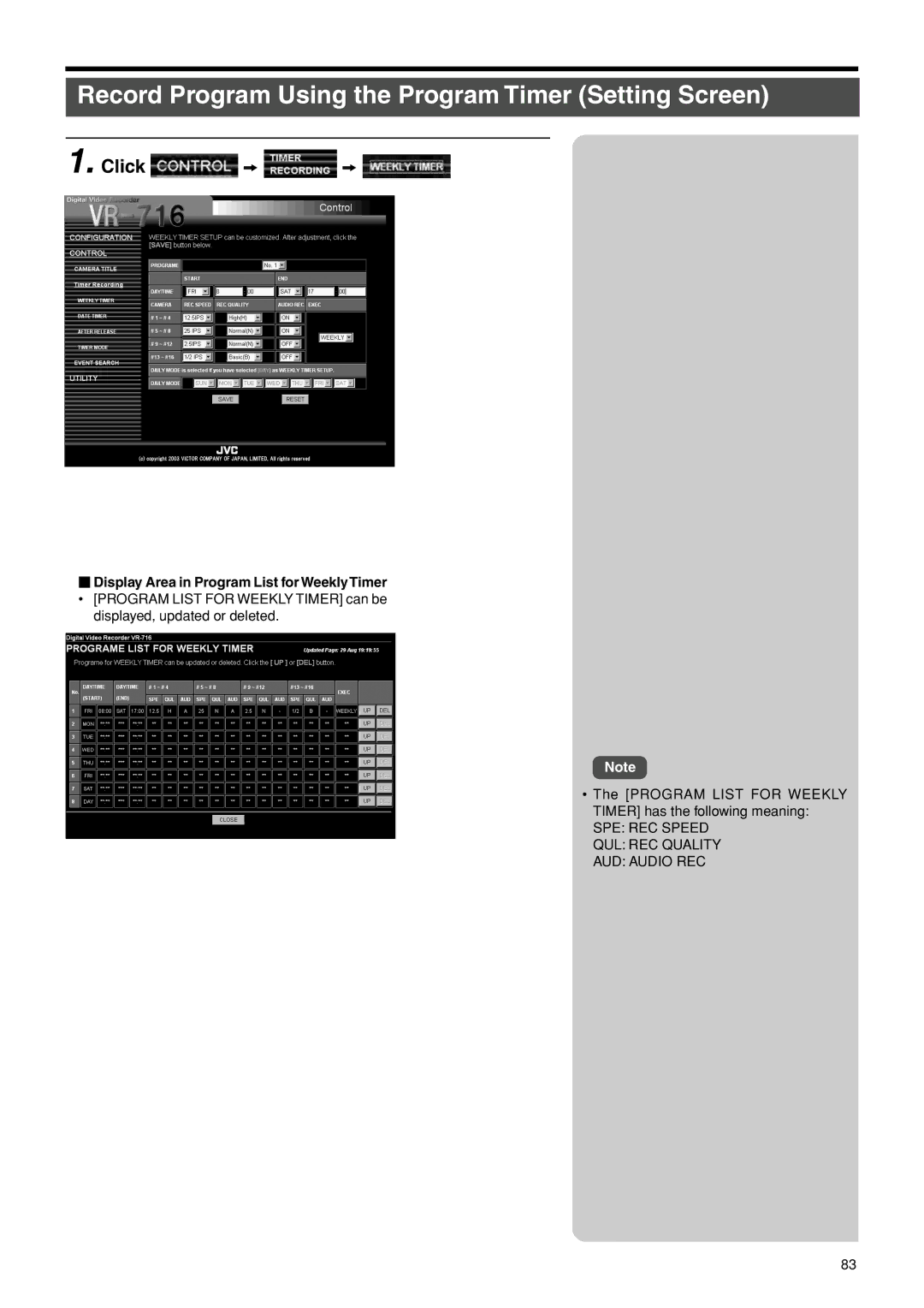 JVC VR-716E Record Program Using the Program Timer Setting Screen, Click z z, Display Area in Program List for WeeklyTimer 