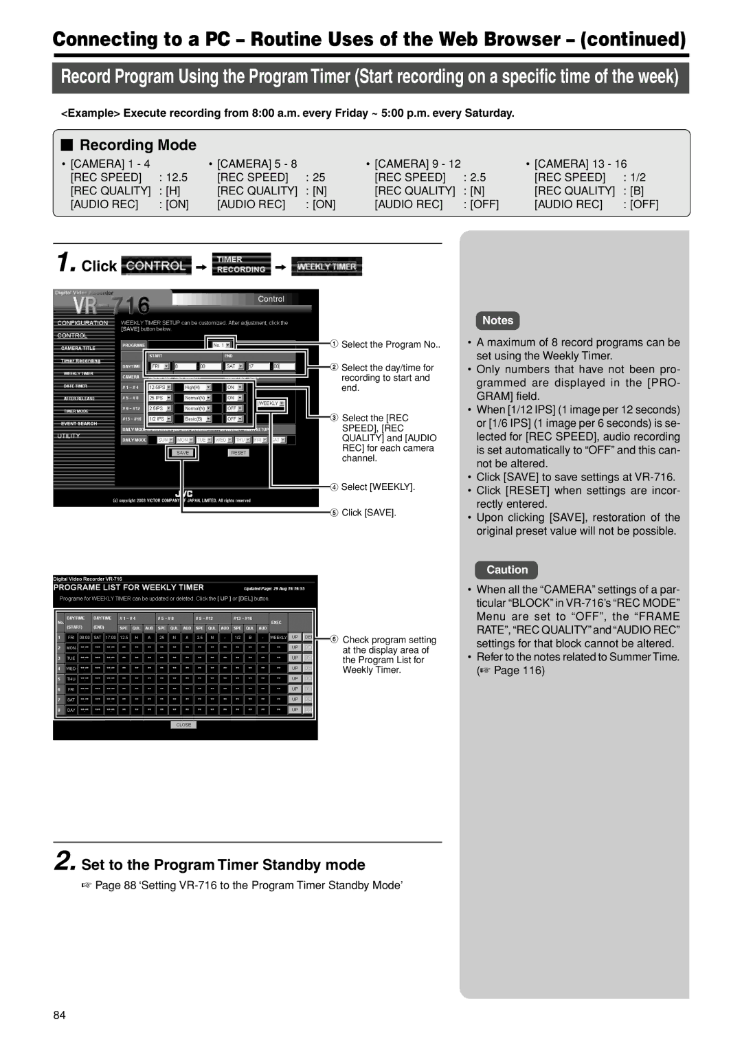 JVC VR-716E instruction manual Recording Mode, Set to the Program Timer Standby mode, REC Speed REC Quality Audio REC 