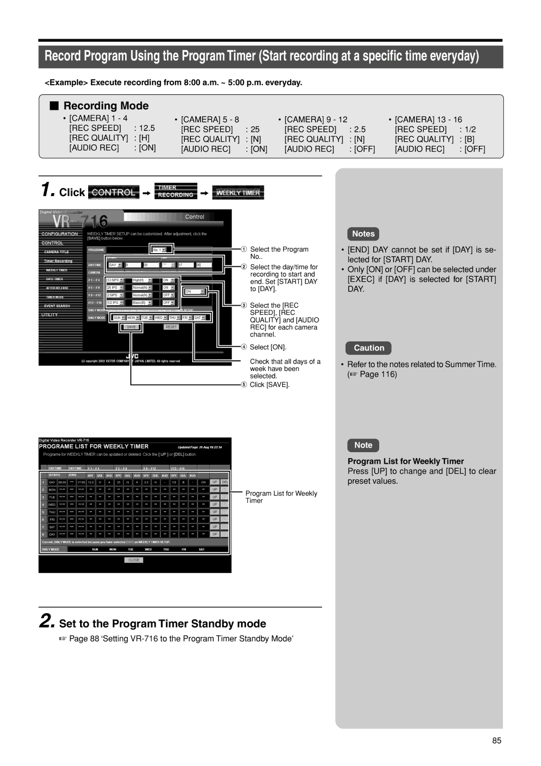 JVC VR-716E instruction manual Example Execute recording from 800 a.m. ~ 500 p.m. everyday, Program List for Weekly Timer 