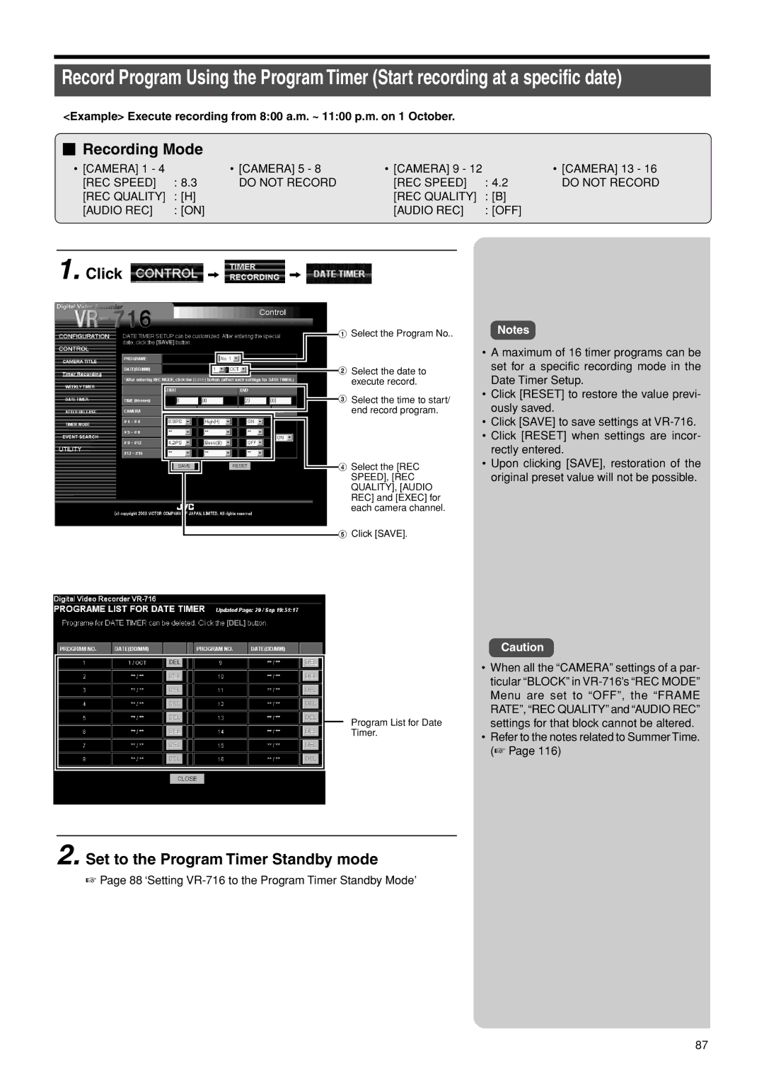 JVC VR-716E instruction manual REC Speed Do not Record REC Quality Audio REC, Program List for Date Timer 