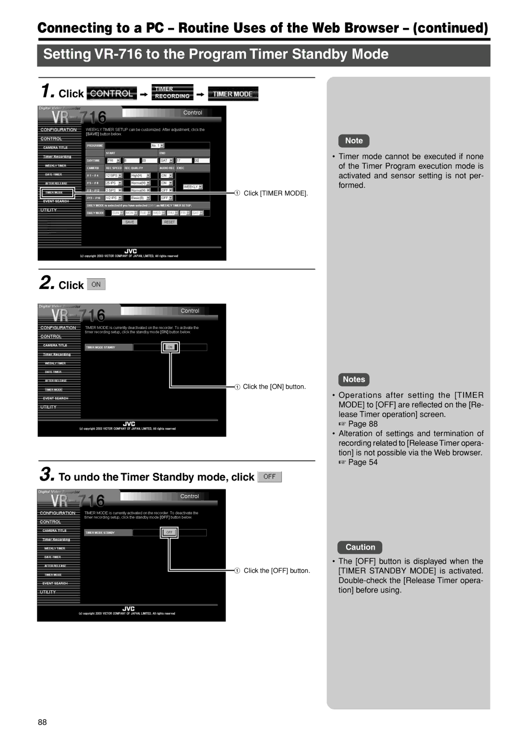 JVC VR-716E Setting VR-716 to the Program Timer Standby Mode, Click, To undo the Timer Standby mode, click 