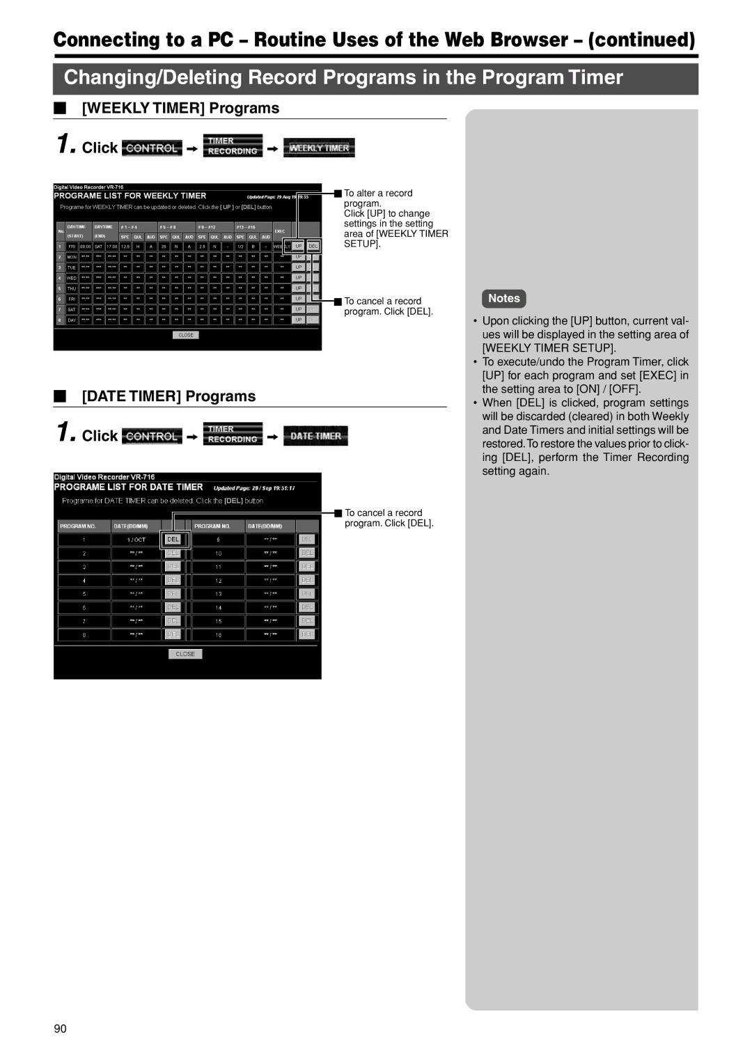 JVC VR-716E Changing/Deleting Record Programs in the Program Timer, Weekly Timer Programs Click z z, Weekly Timer Setup 