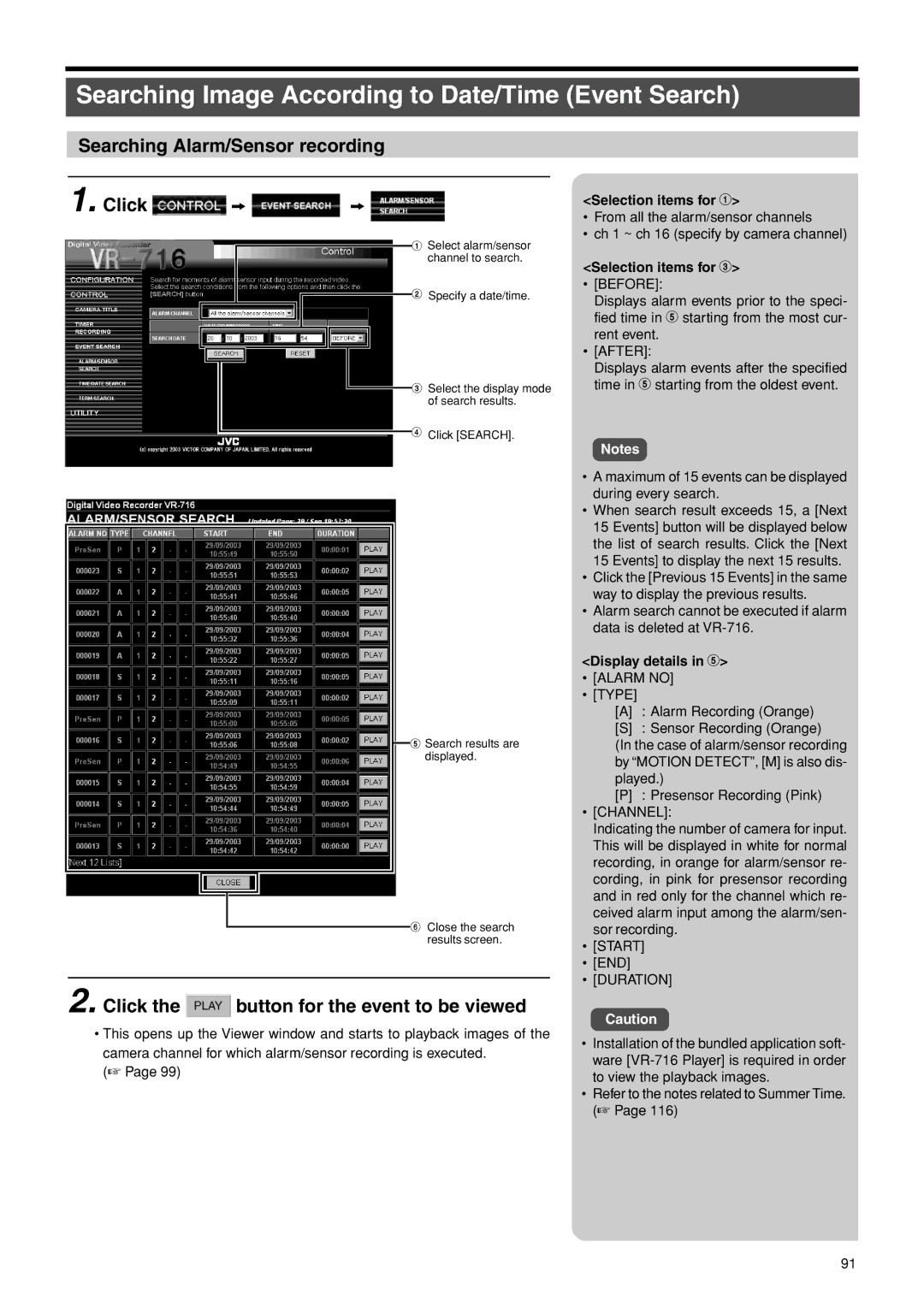 JVC VR-716E Searching Image According to Date/Time Event Search, Searching Alarm/Sensor recording Click z z 