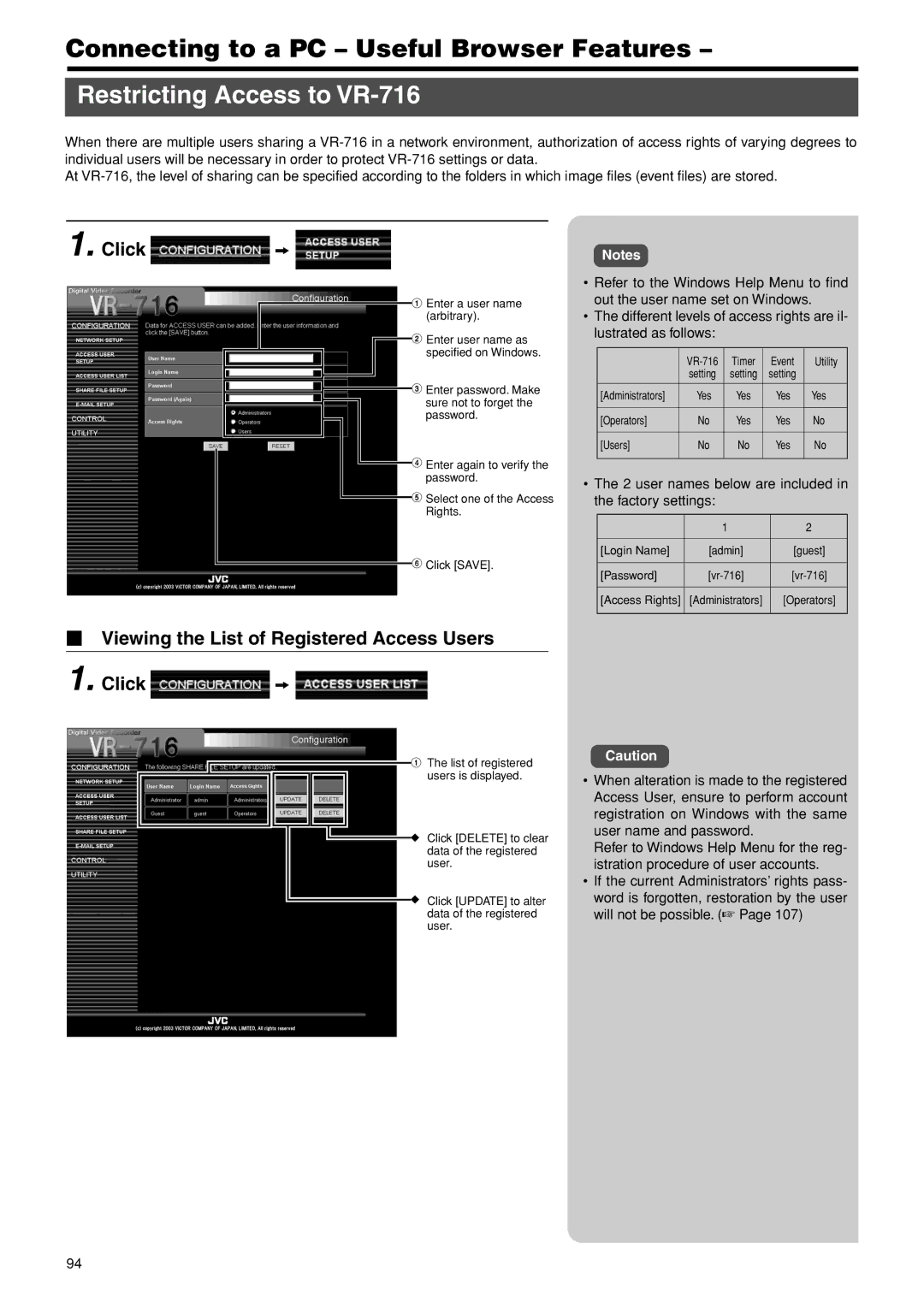 JVC VR-716E instruction manual Restricting Access to VR-716,  Viewing the List of Registered Access Users Click z 