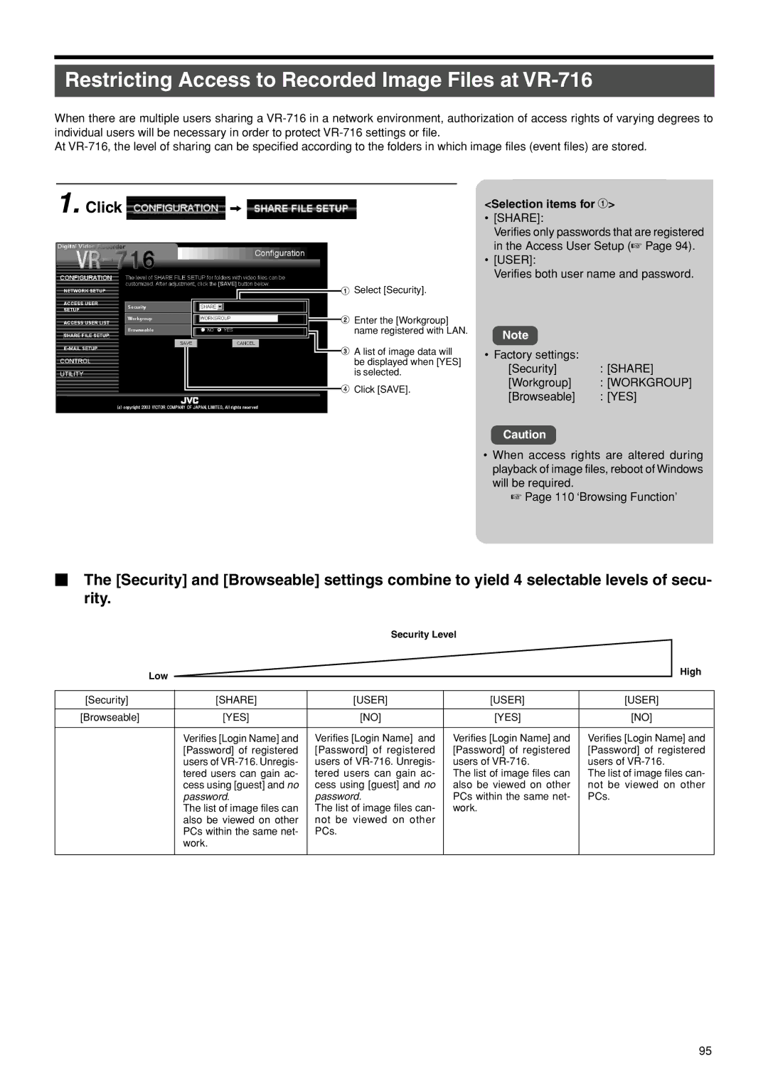 JVC VR-716E instruction manual Restricting Access to Recorded Image Files at VR-716, Share, Workgroup 