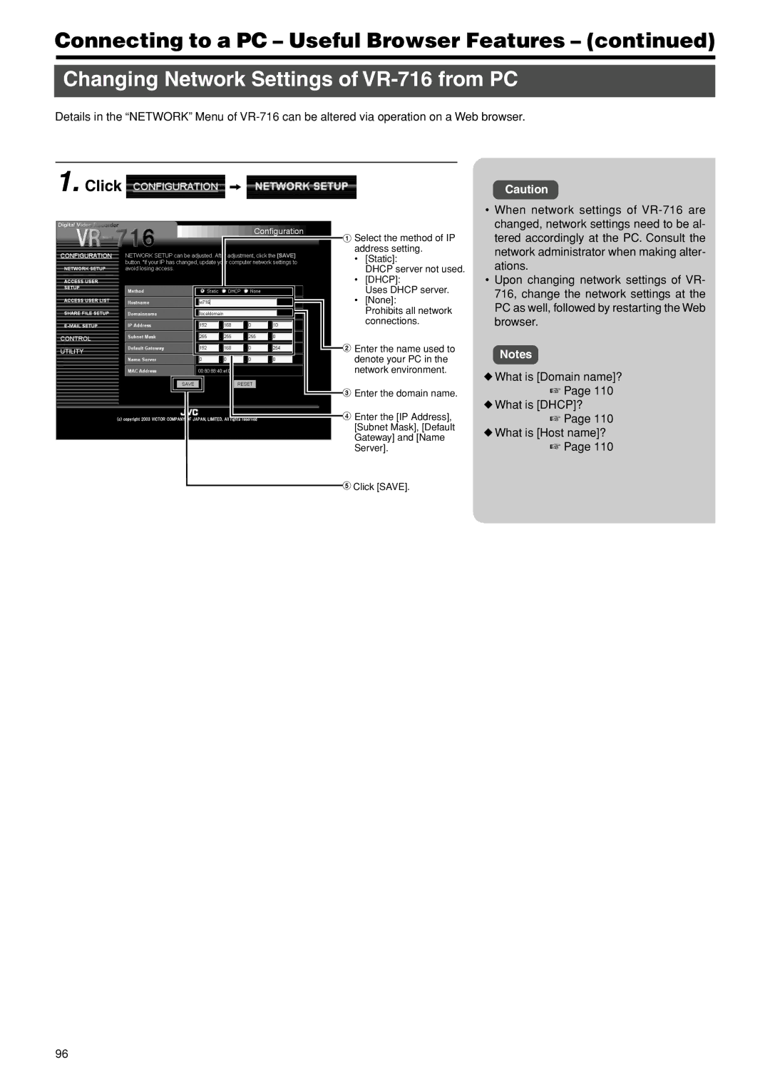 JVC VR-716E instruction manual Changing Network Settings of VR-716 from PC 