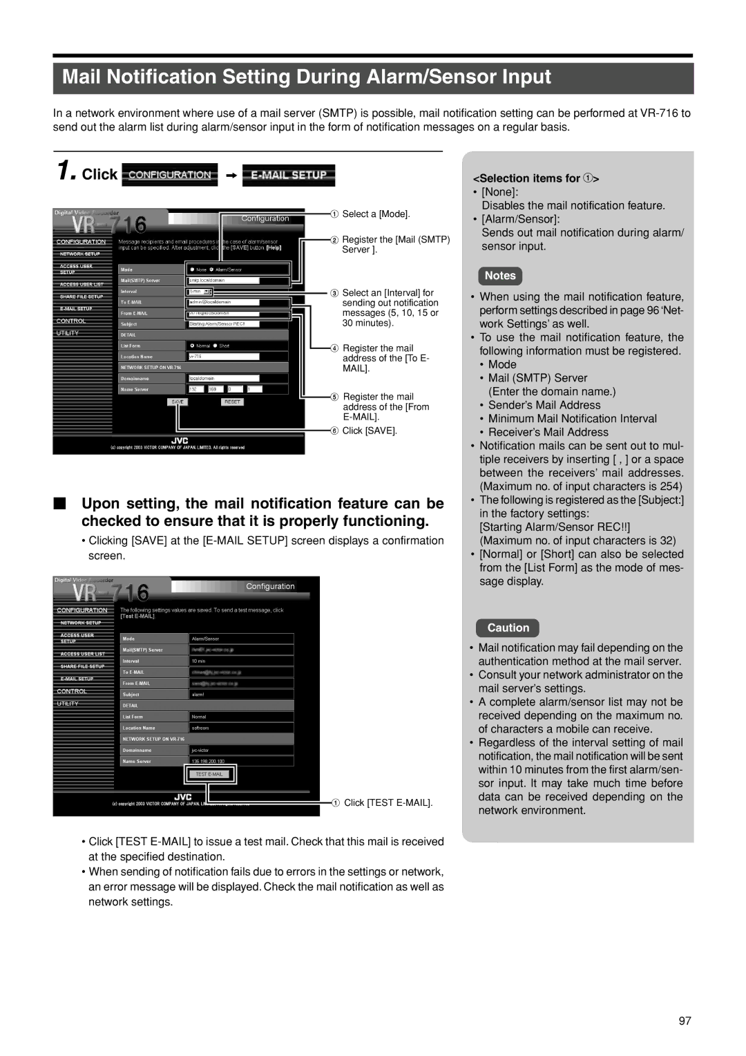 JVC VR-716E Mail Notification Setting During Alarm/Sensor Input, Select a Mode, Server, Click Test E-MAIL 