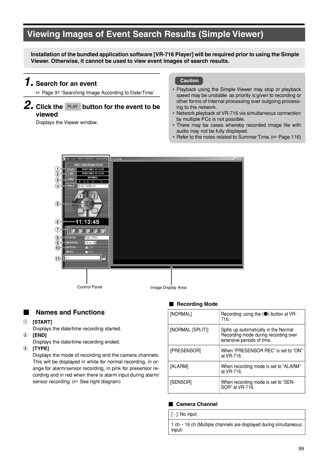 JVC VR-716E Viewing Images of Event Search Results Simple Viewer, Search for an event,  Names and Functions 