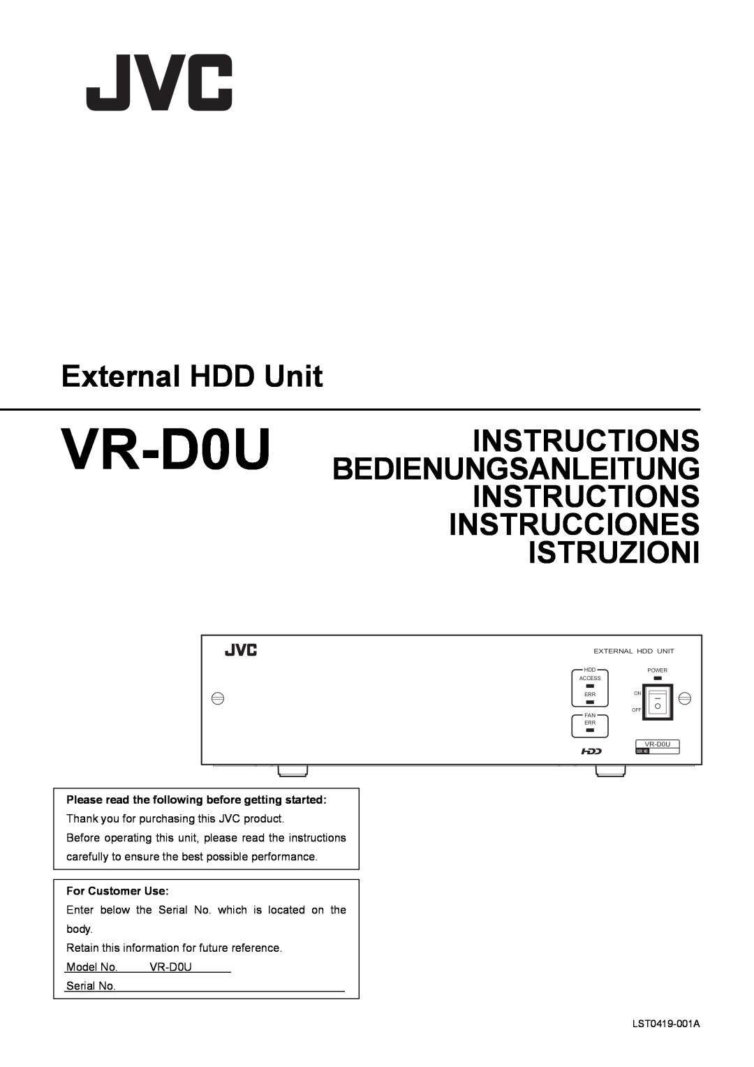 JVC VR-D0U manual External HDD Unit, Please read the following before getting started, For Customer Use 