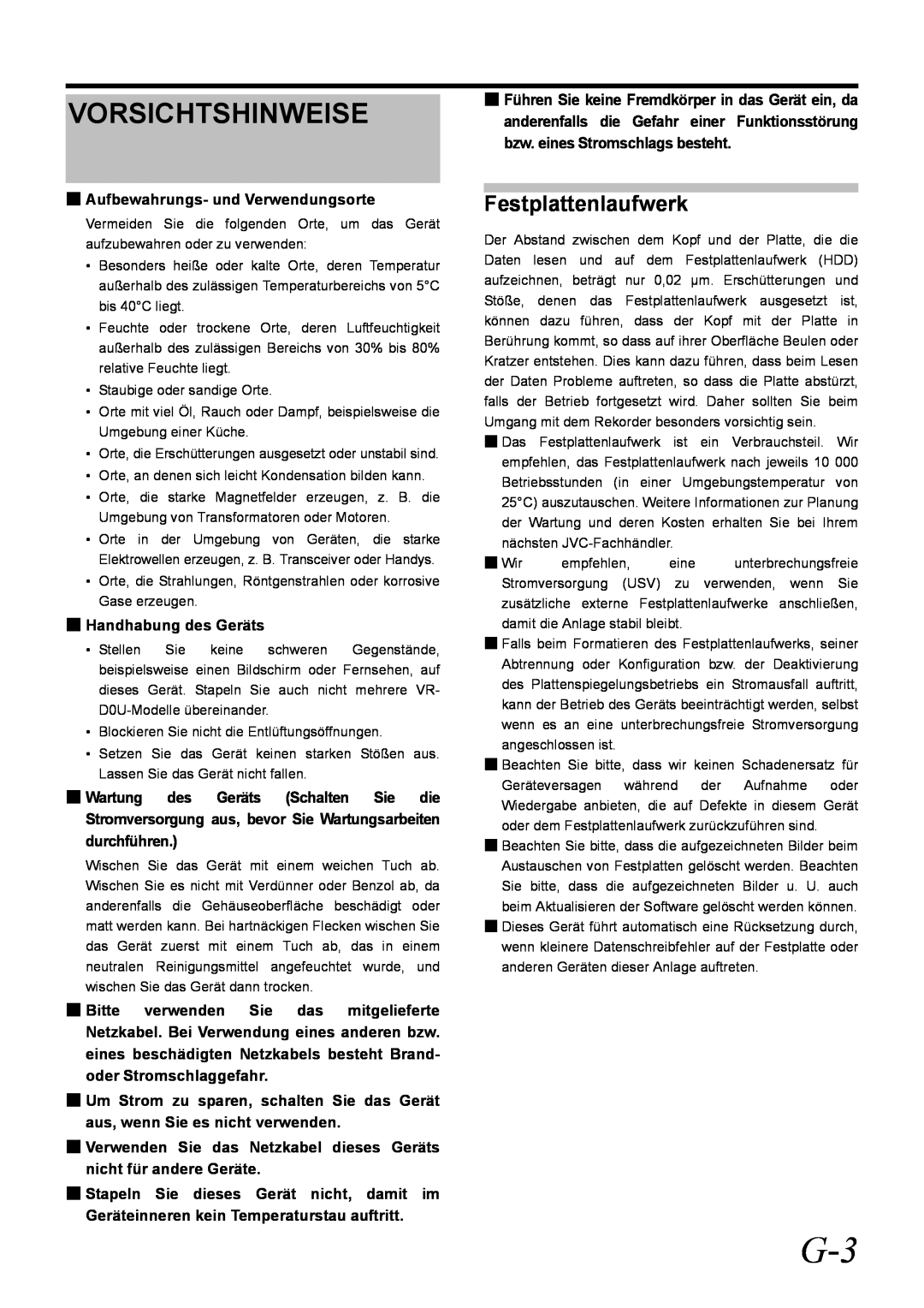 JVC VR-D0U manual Vorsichtshinweise, Festplattenlaufwerk 