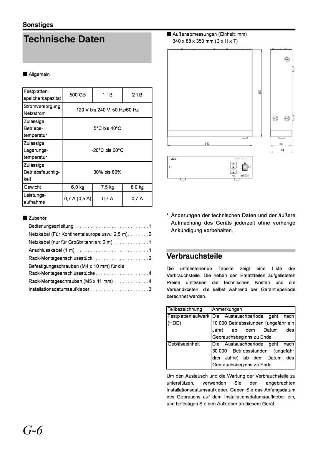 JVC VR-D0U manual Technische Daten, Verbrauchsteile, Sonstiges 