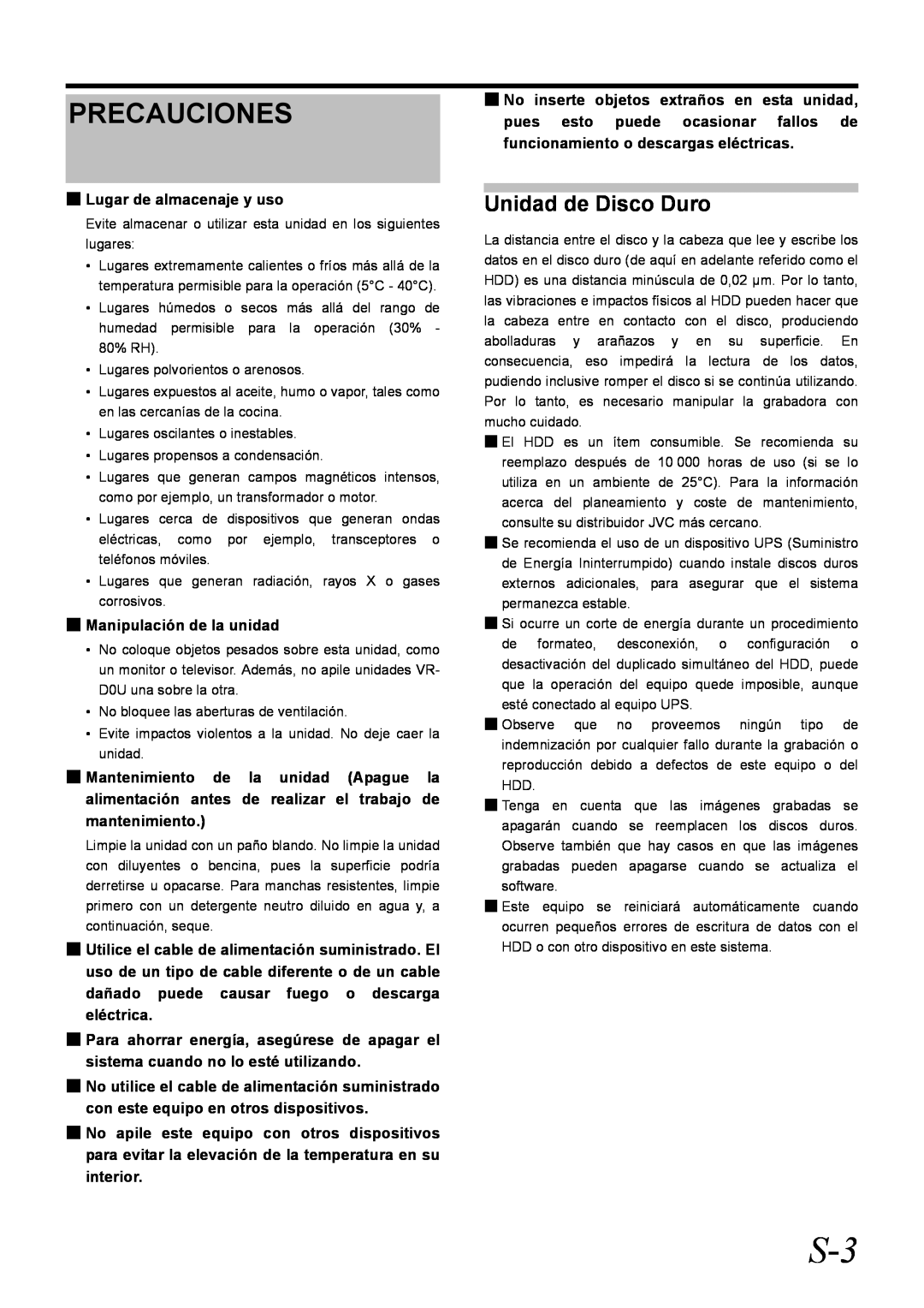 JVC VR-D0U manual Precauciones, Unidad de Disco Duro 