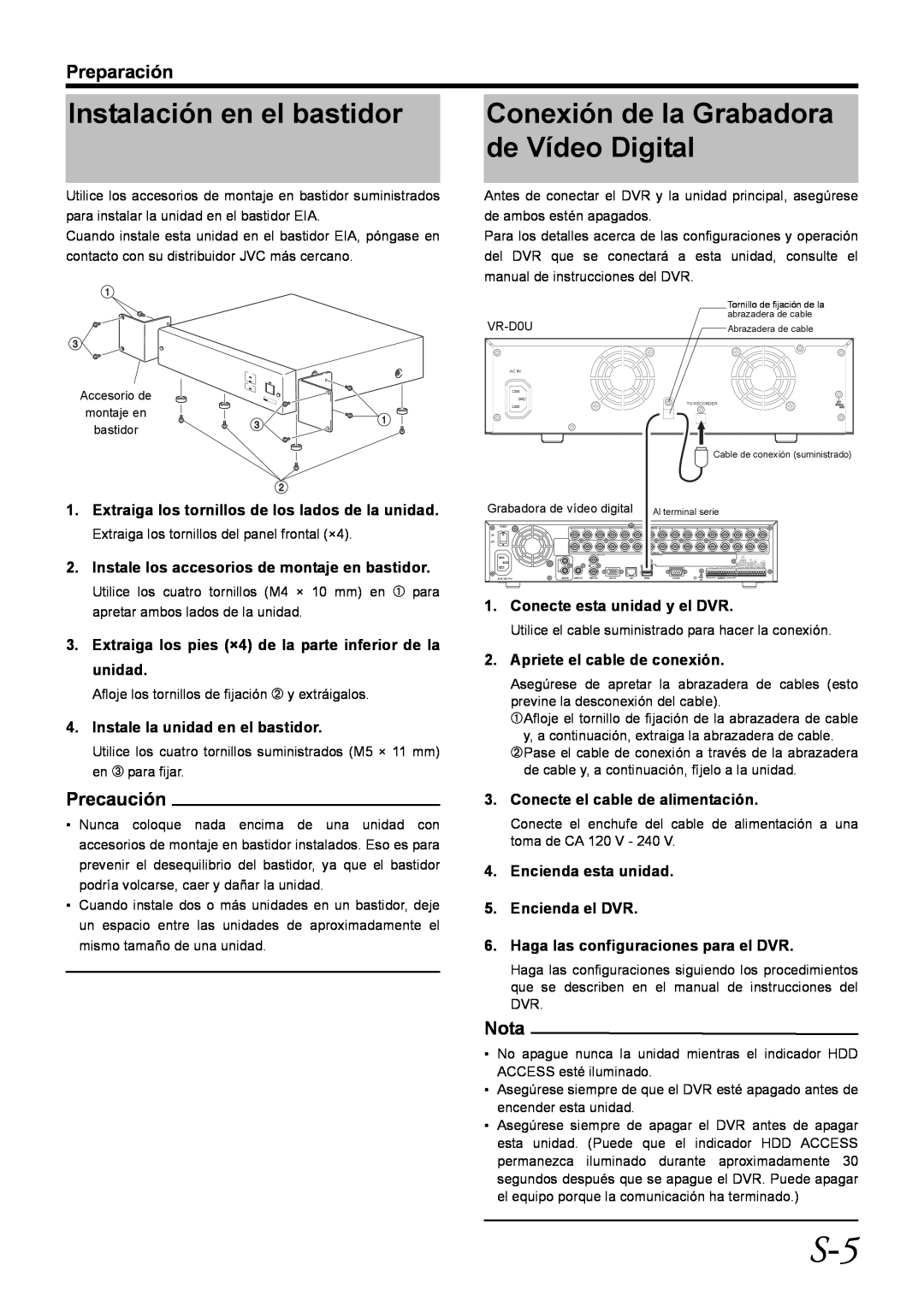 JVC VR-D0U manual Instalación en el bastidor, Conexión de la Grabadora, de Vídeo Digital, Preparación, Precaución, Nota 